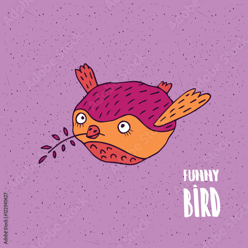 Cute bird in flight, holding a twig in its beak on slightly desaturated magenta background. Lettering funny bird. Handmade cartoon style