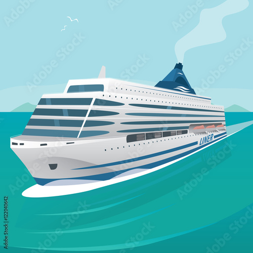Big beautiful cruise liner cuts through the waves in the open sea on a clear day. Front view. Marine adventure or voyage concept