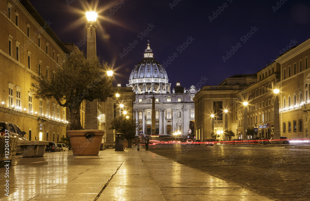 View of Basilica di San Pietro at night