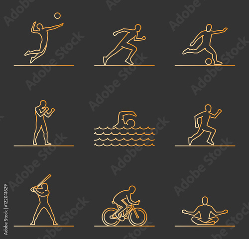 Gold sports icons. Vector line silhouettes of sportsmen.