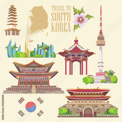 South Korea travel vecto poster with pagodas and traditional signs. Korea Journey card with korean objects.