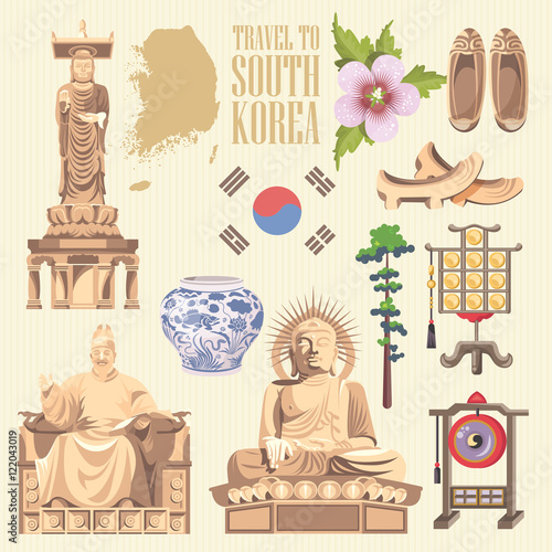 South Korea travel vecto poster with pagodas and traditional signs. Korea Journey card with korean objects.