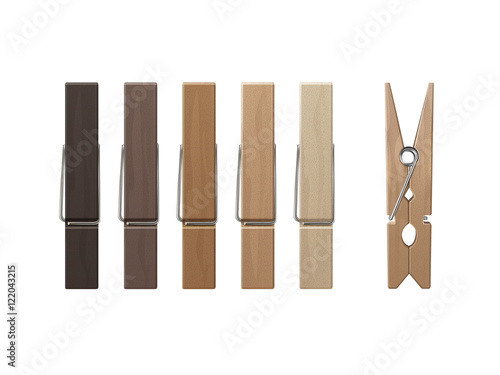 Set of Wooden Clothespins Pegs Different Color Isolated on Background