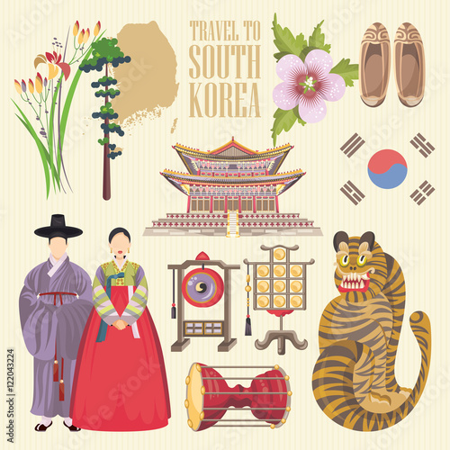 South Korea travel vecto poster with pagodas and traditional signs. Korea Journey card with korean objects.
