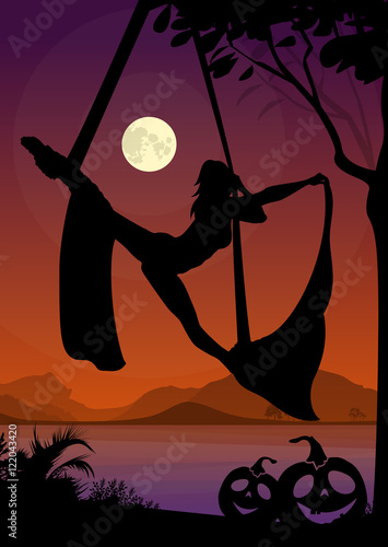 Halloween Style Silhouette of Air Silks Gymnast . Black vector silhouette of female aerial silks performer in front of river and full moon at night.