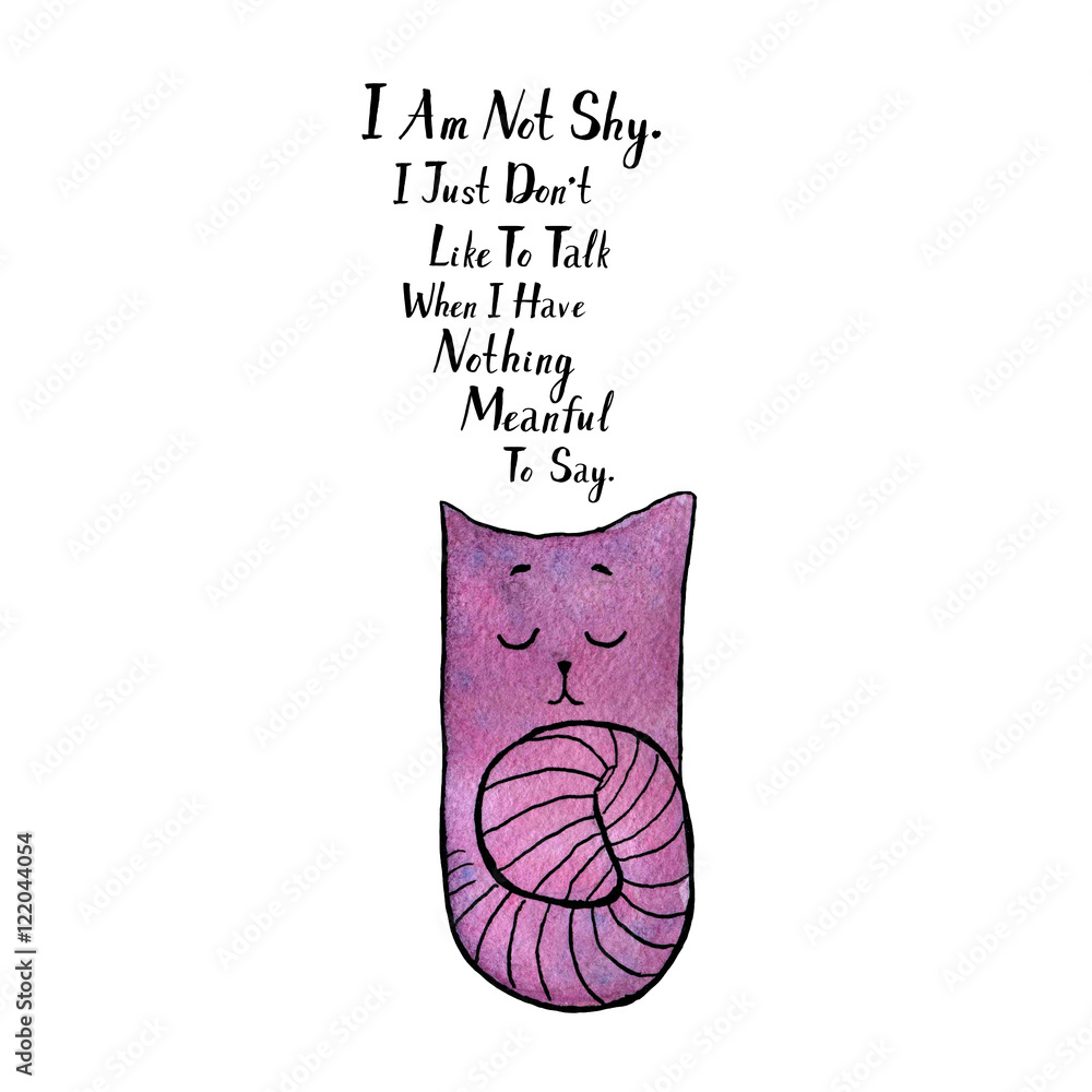 Cartoon and funny watercolor smiling cat with quote 