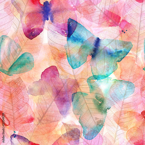 Pink watercolor texture with butterflies and skeleton leaves