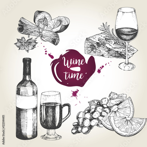 Vector set of wine and appetizers. Bottle, glass, cheese, rosemary, orange, grape, cinnamon sticks, anise, plum. photo