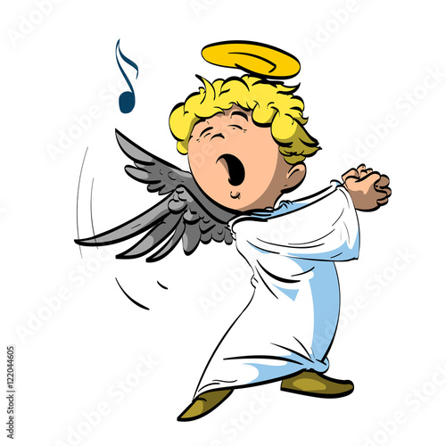 Colorful vector illustration of a singing angel with white robe.