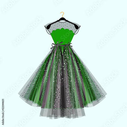 Beautiful party dress. Green dress with rhinestones. Vector fashion illustration. Dress for special event.
