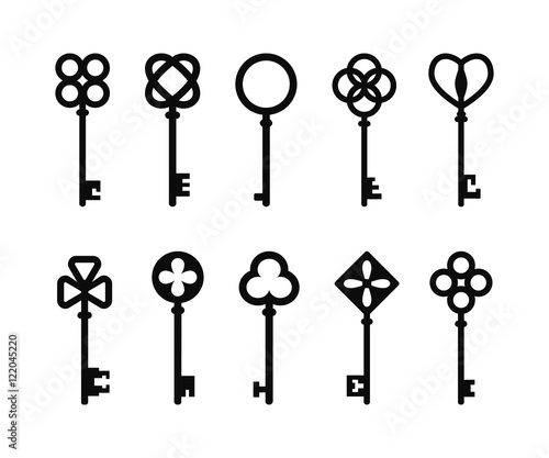 Vintage set of antique keys. Vector illustration.