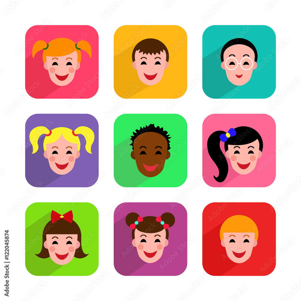 Set of colorful icons with children's faces. Vector illustration. Set of colorful icons with children's faces. Vector illustration.