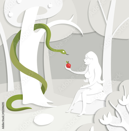 Vector Bible illustration, Eve with red apple, serpent tempter,