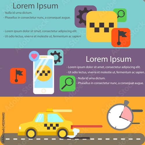 Taxi ad poster with yellow car, smartphone and apps