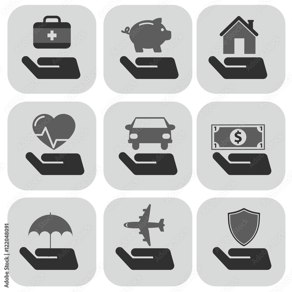 Insurance hand and items icons set Vector Illustration Insurance hand and items icons set Vector Illustration