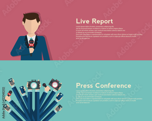 Journalism concept vector illustration in flat style.Vector live report concept, live news, hands of journalists with microphones, camera and tape recorders.