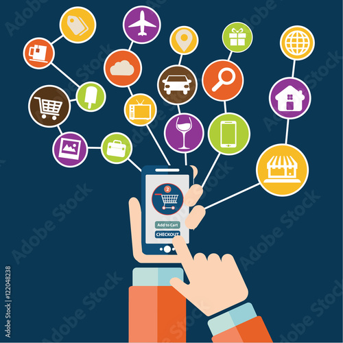 Set of modern flat design icons for mobile or smartphone commerce. Online mobile shopping and on the go purchase icons.