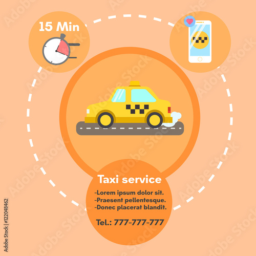 Taxi ad poster with yellow car on orange background