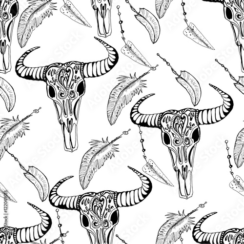 Vector hand drawn seamless pattern. Sketch of Buffalo skulls. Monochrome ink illustration.