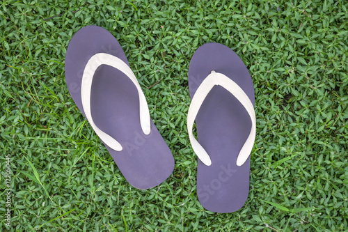 Flip flops on lawn, focus flip flops.