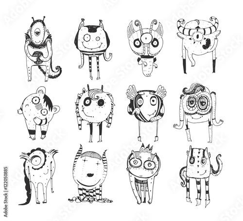 Cute monochrome collection with hand drawn doodle monsters, isolated on white background. Lovely characters staying and watching. Black and white vector childish illustration.