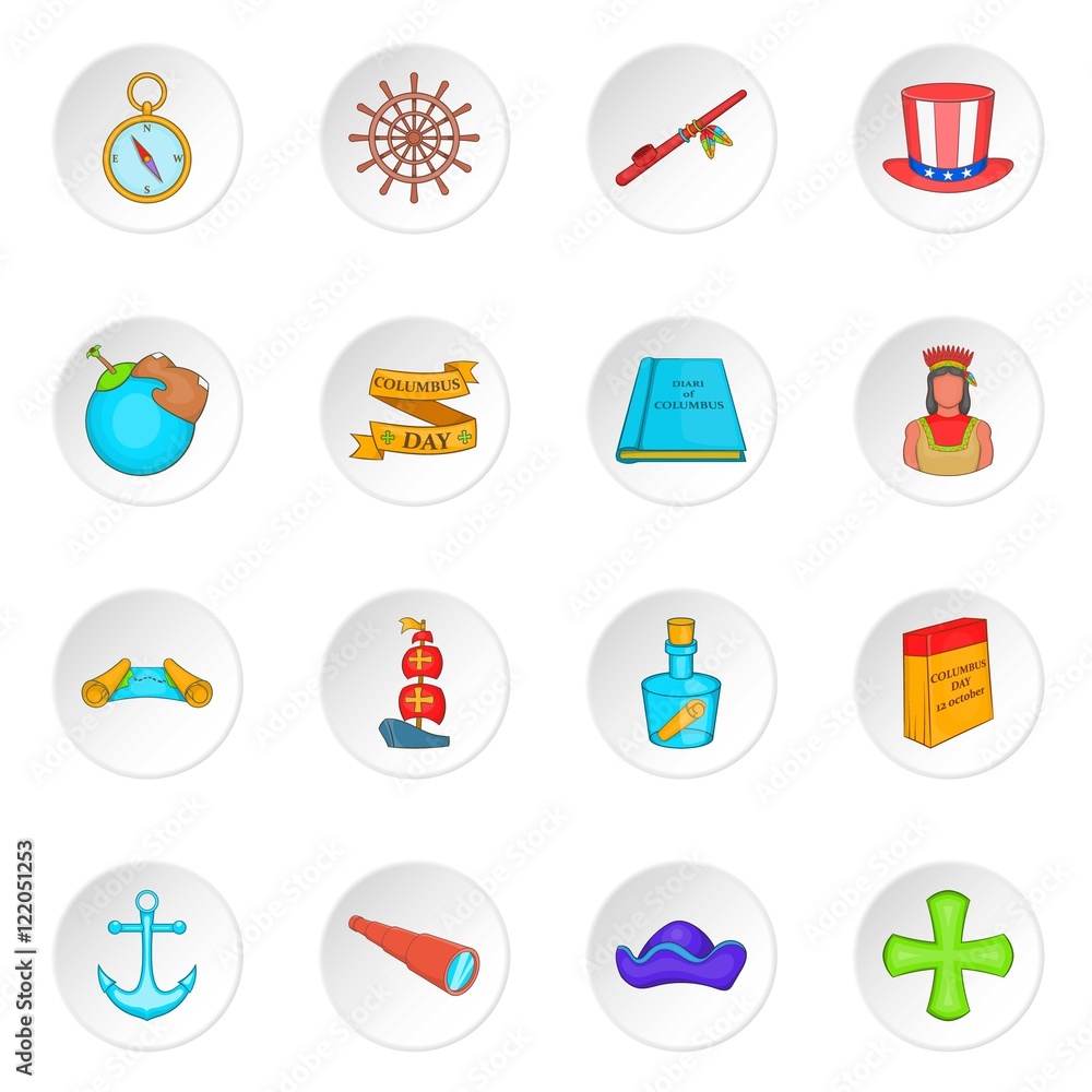 Columbus Day icons set in cartoon style. Sailing equipment vector illustration
