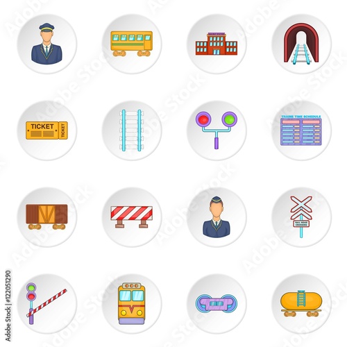 Railway icons set in cartoon style. Rail transportation set collection vector illustration