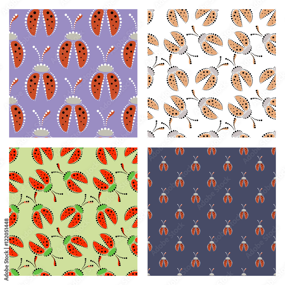 Set of seamless vector patterns with insect, colorful backgrounds with decorative closeup ladybugs and dots. Graphic vector illustration. Series of Animals and Insects Seamless vector Patterns.