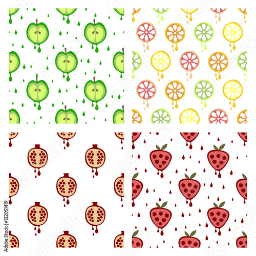Set of seamless vector patterns with fruits. Different backgrounds with strawberry, apple, orange, pomegranate. Graphic vector illustration Series of Fruits and Vegetables Seamless vector Patterns.