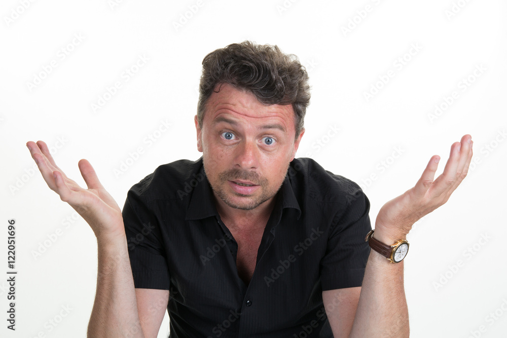 Surprised man celebrating success with hands raised against white background Surprised man celebrating success with hands raised against white background