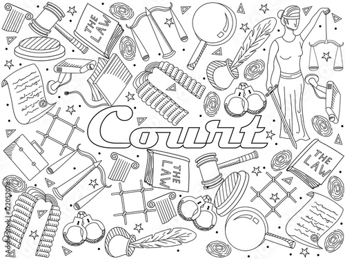 Set law and justice vector coloring book