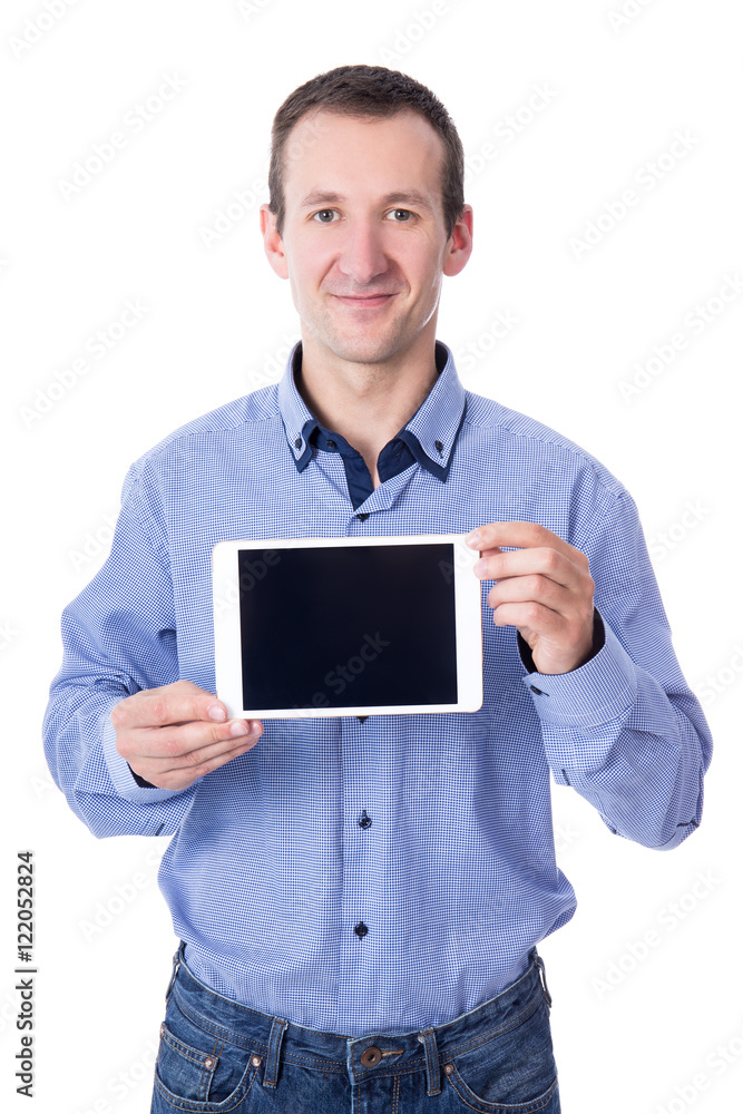 happy middle aged man showing tablet pc with blank screen isolat happy middle aged man showing tablet pc with blank screen isolat