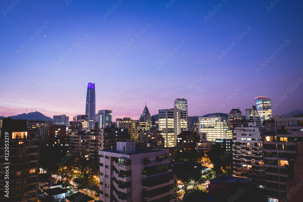 Cityscape of Santiago de Chile at dawn. Blue hour at Santiago de Chile. Skyline of Santiago at night Cityscape of Santiago de Chile at dawn. Blue hour at Santiago de Chile. Skyline of Santiago at night