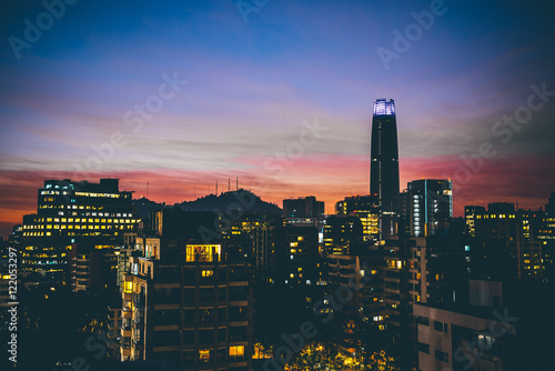 Cityscape of Santiago de Chile at dawn. Blue hour at Santiago de Chile. Skyline of Santiago at night photo