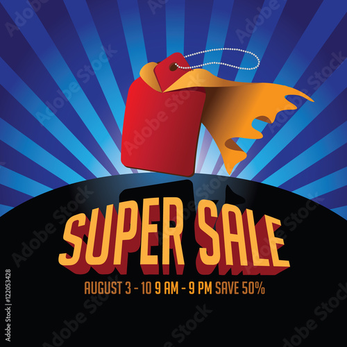 Super sale advertising template with cartoon sale tag wearing cape.