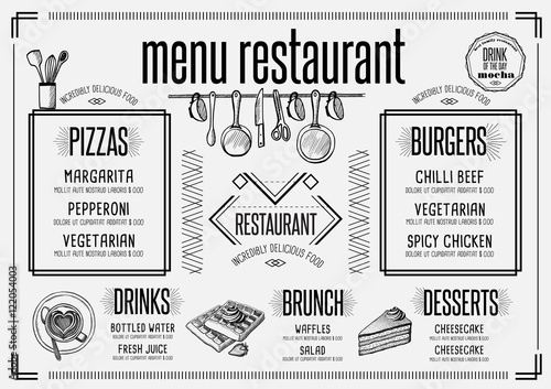 Menu restaurant, food template placemat.