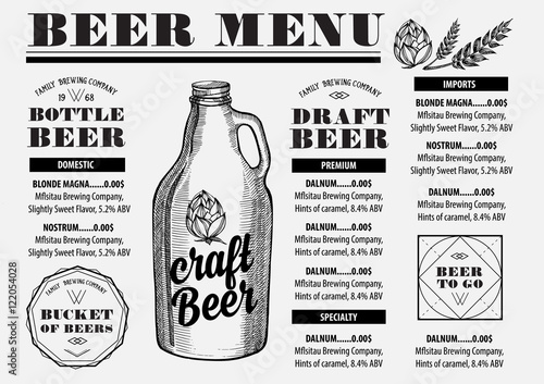 Menu beer restaurant, alcohol template placemat.
