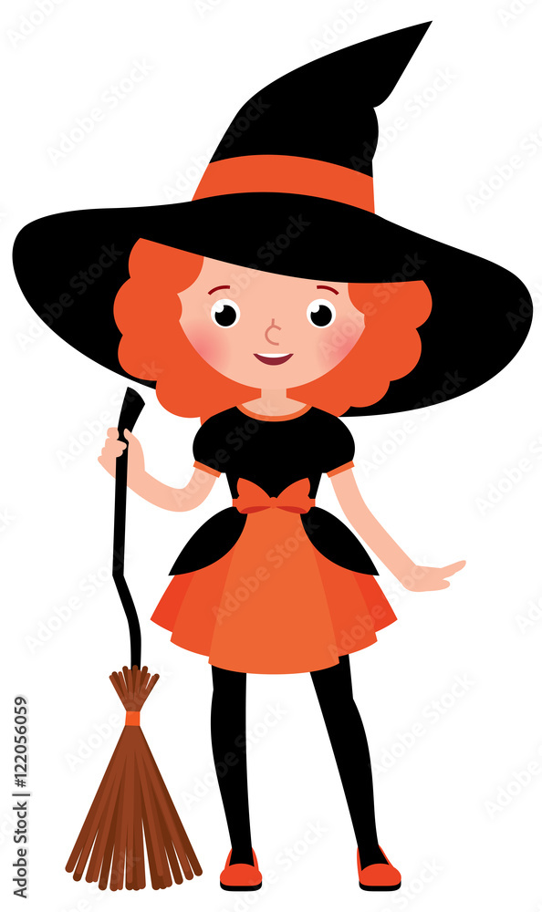 Little red haired girl with a broom in Halloween witch costume o Little red haired girl with a broom in Halloween witch costume o