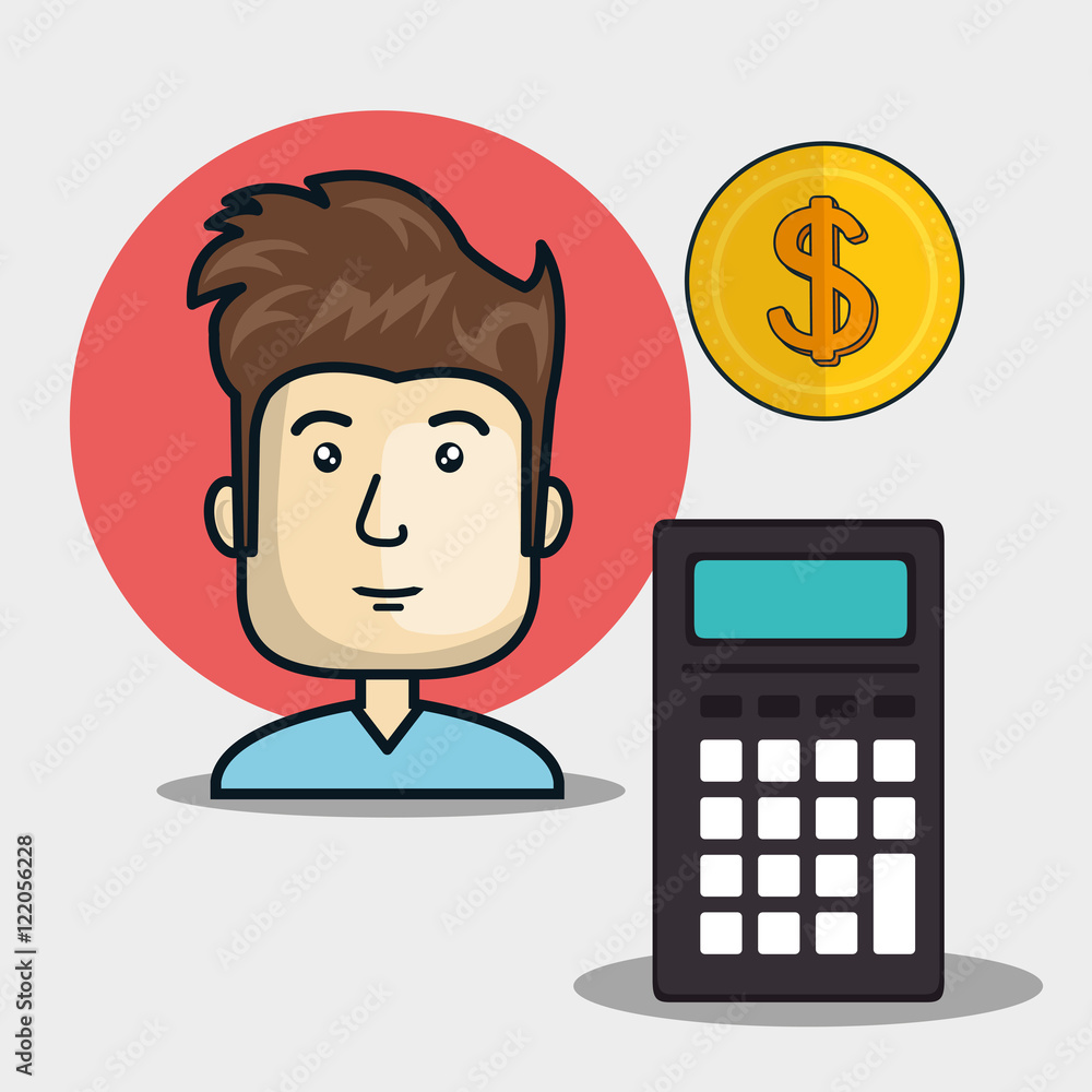 avatar man with calculator device and money coin. vector illustration avatar man with calculator device and money coin. vector illustration