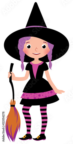 Girl in costume Halloween witch with a broom