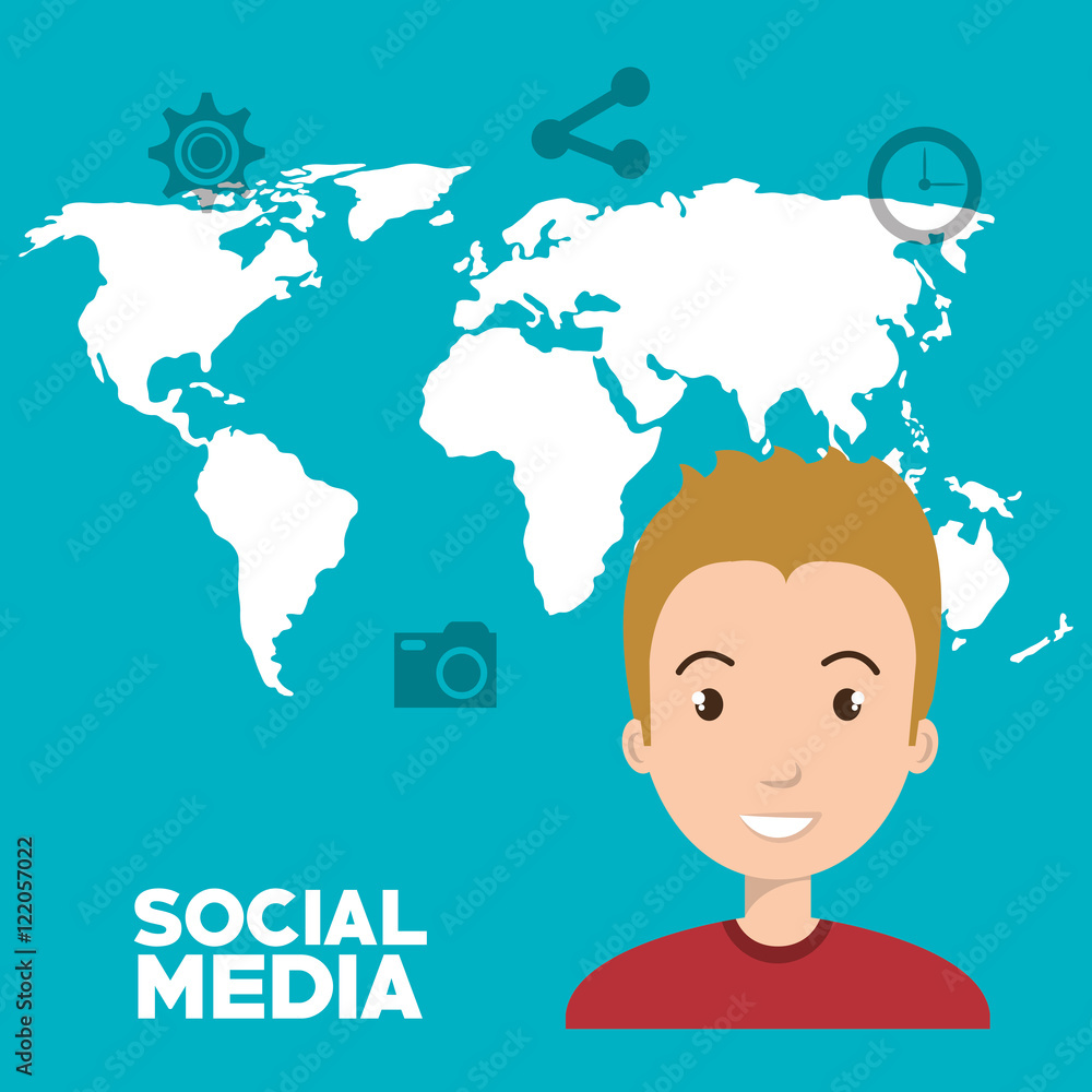 world map background with avatar man smiling and social media icon set. vector illustration world map background with avatar man smiling and social media icon set. vector illustration