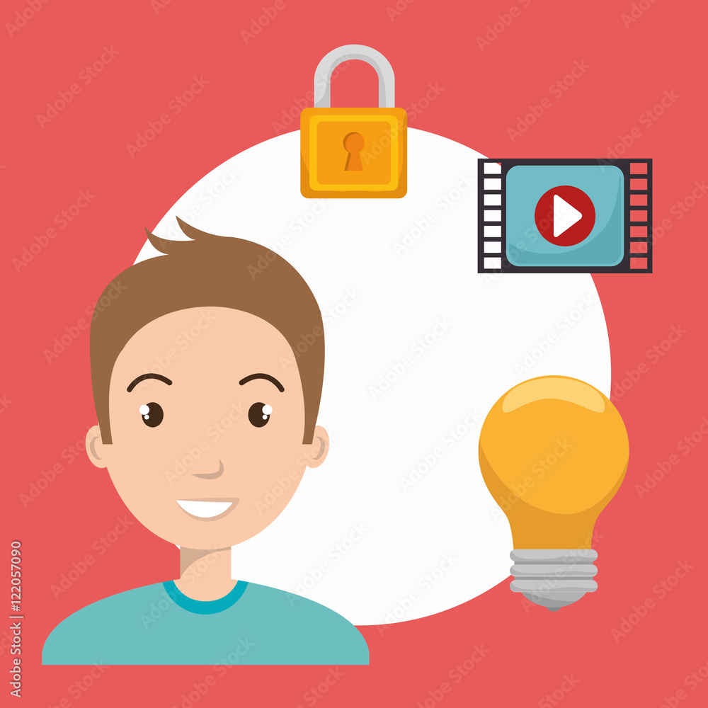 avatar man smiling with bulb light and padlock and video media player icon. vector illustration avatar man smiling with bulb light and padlock and video media player icon. vector illustration