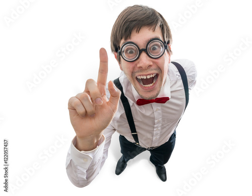 Canvastavla Funny man had an idea and holds finger up