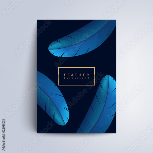 Blue feather cover design. Exotic bird feathers composition on dark background.Applicable for Covers, Voucher, Posters, Flyers and Banner Designs. Eps10 vector illustration.