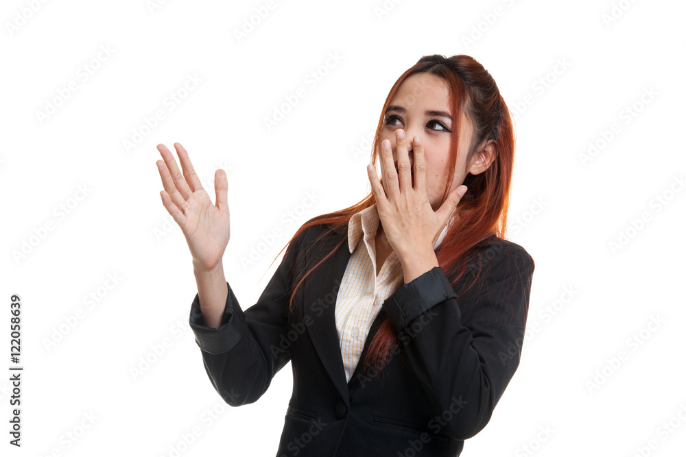 Beautiful young Asian woman shocked and look up. Beautiful young Asian woman shocked and look up.