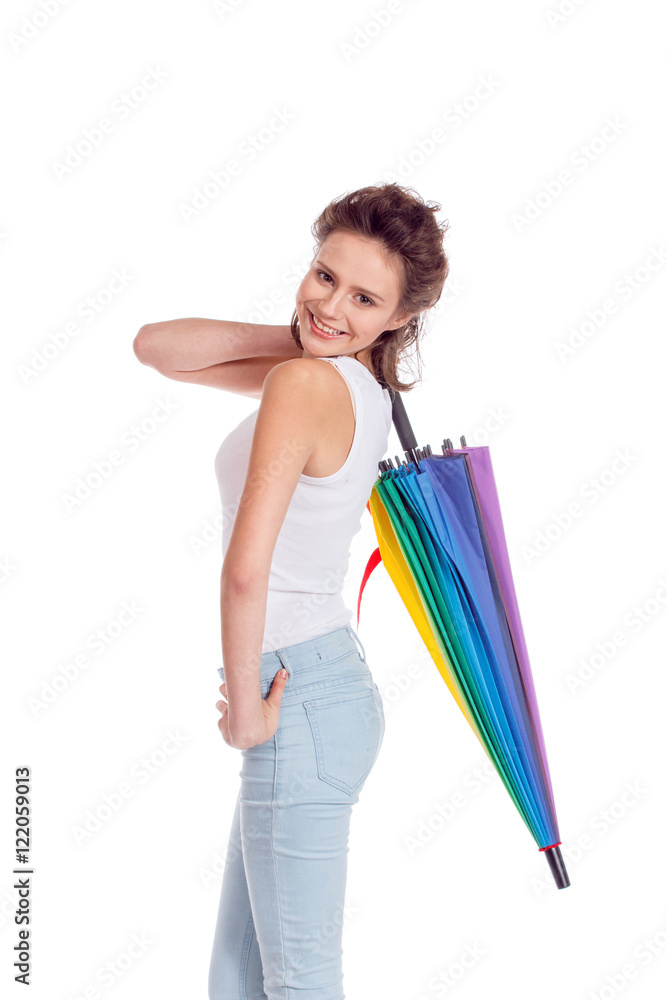 Pretty girl posing with color umbrella Pretty girl posing with color umbrella