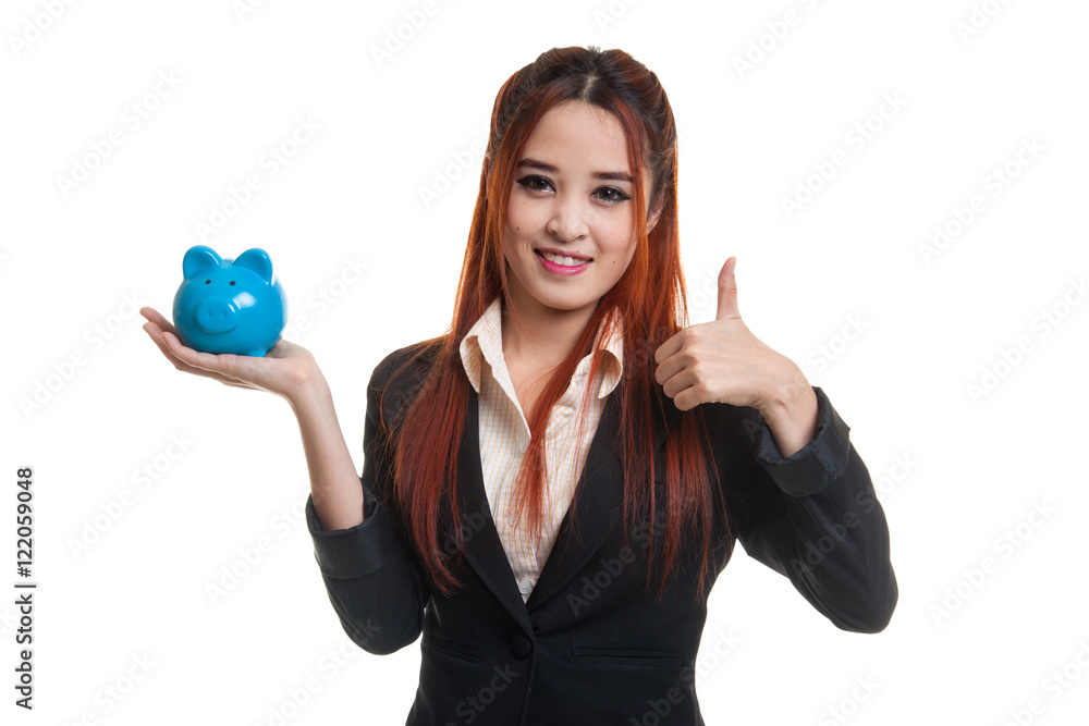 Asian business woman thumbs up with pig coin bank. Stock Photo | Adobe ...