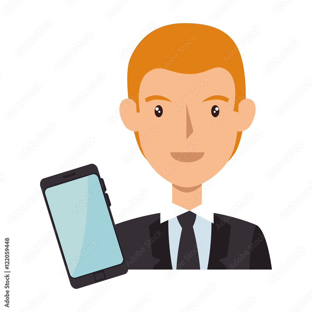 avatar man wearing suit and tie with smartphone device cartoon. vector illustration