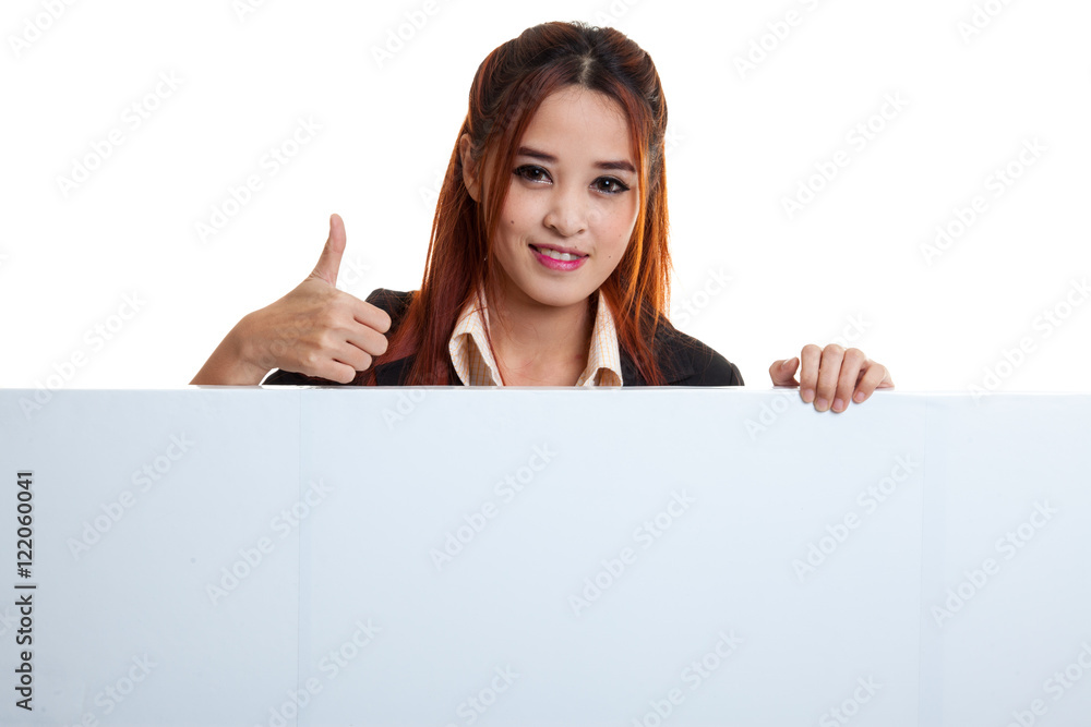 Young Asian woman show thumbs up with blank sign. Young Asian woman show thumbs up with blank sign.