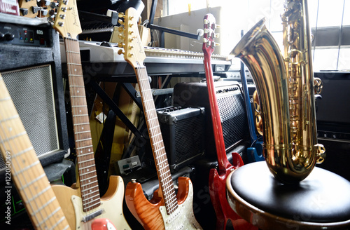 saxophone and  guitar in exposition photo